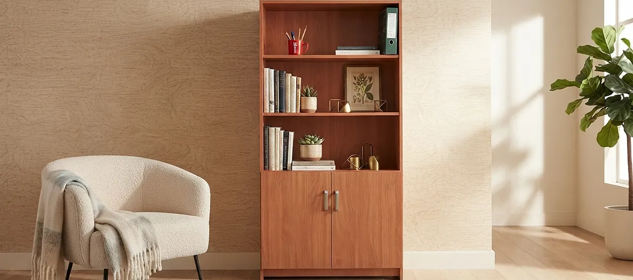 Librero de madera con puertas abatibles junto a un sillón