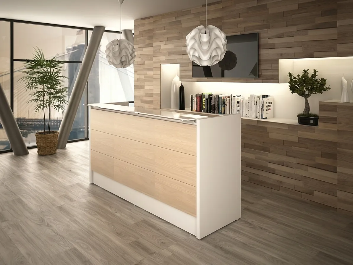 Mostrador de recepción de madera con librero iluminado